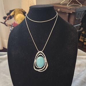 Boho Hammered Silver Tone & Faux Turquoise Statement Necklace